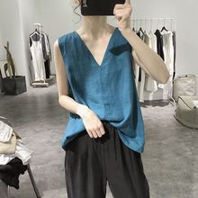 V领棉麻背心马甲女式文艺宽松显瘦韩版纯色简约无袖上衣2024新款