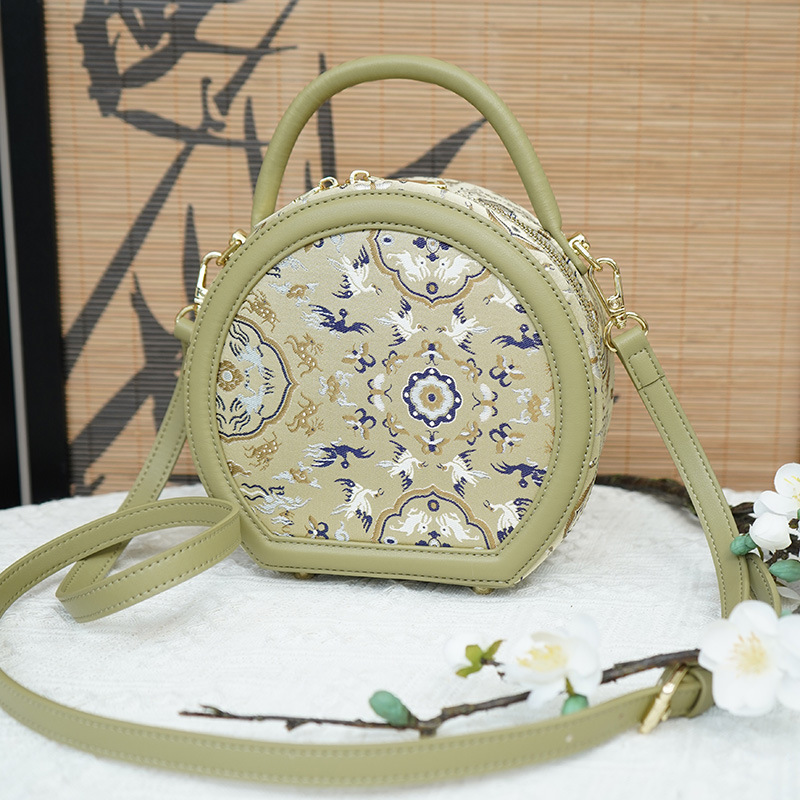 万字牡丹纹圆形包 粉紫色宋锦真牛皮手提包女包中国风女士-阿里巴巴