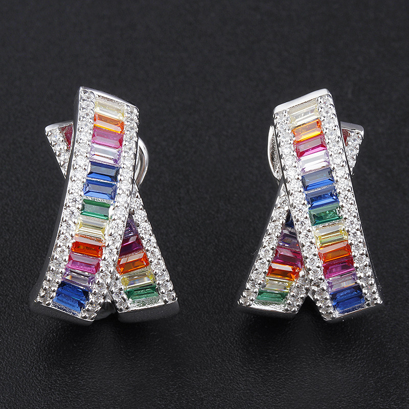 时尚轻奢高级感大气彩色锆石耳钉女 高端耳环气质简约百搭女饰品