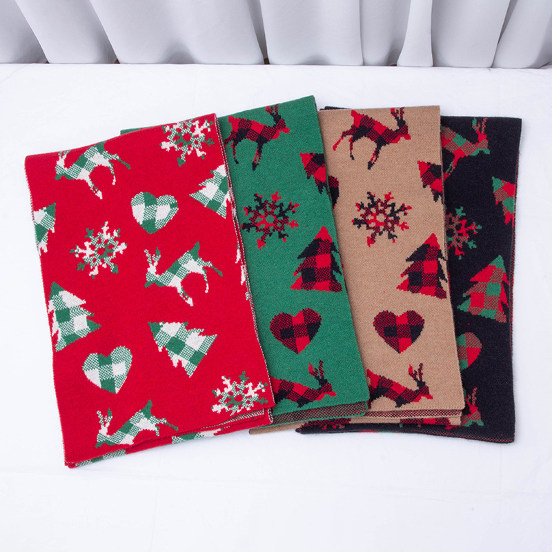 Christmas Tree Deer Scarf Female Autumn and Winter Knitting Scarf New Year Red Elk Student Thickened Double-Sided Scarf Wholesale