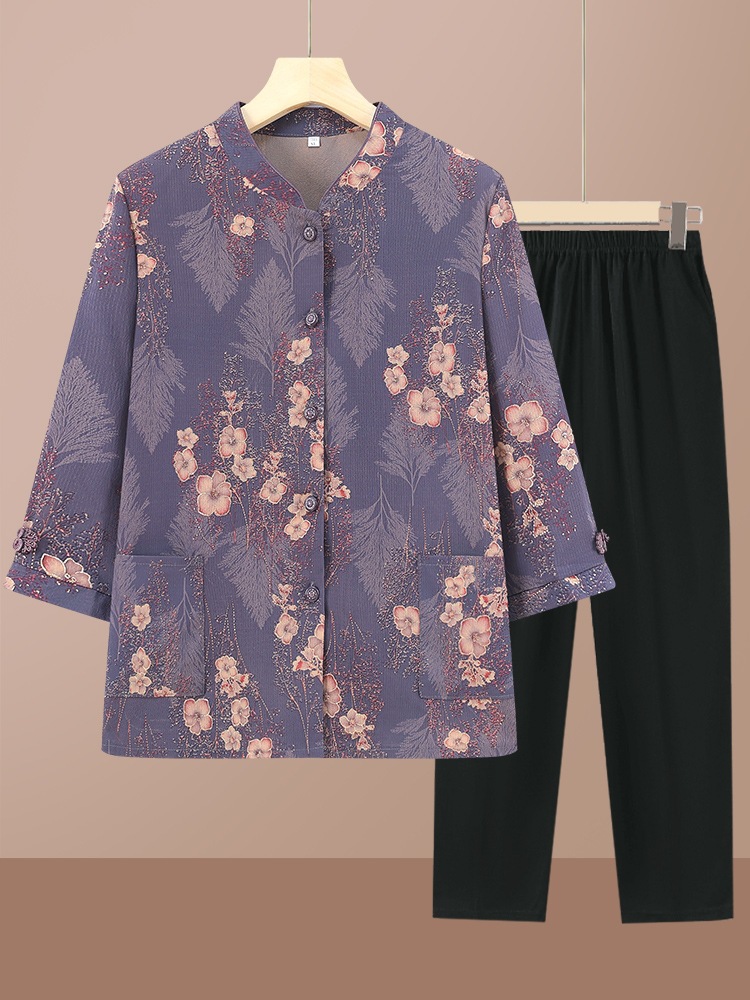 奶奶装夏装薄款中老年人女装衬衫老太太七分袖套装老人衣服送长辈