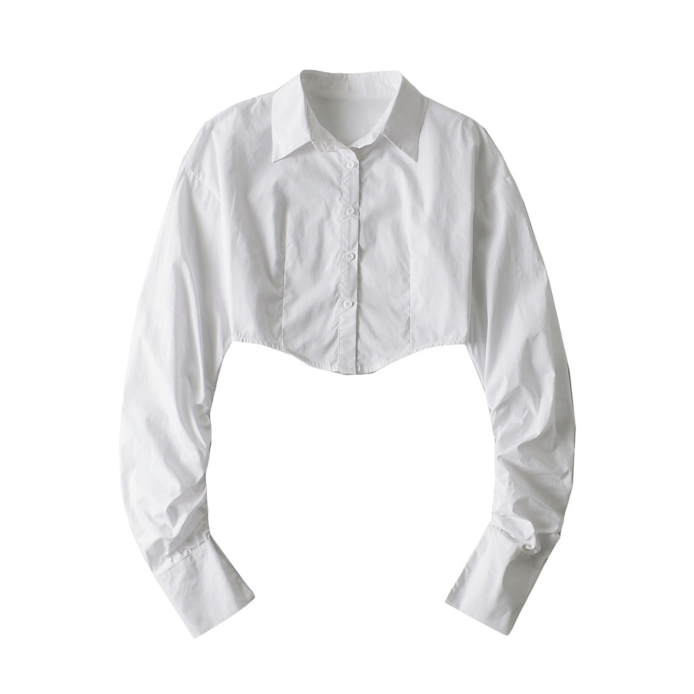 纯欲芳心辣妹短款不规则弧形下摆衬衫女鱼骨收腰显瘦褶皱牛仔上衣