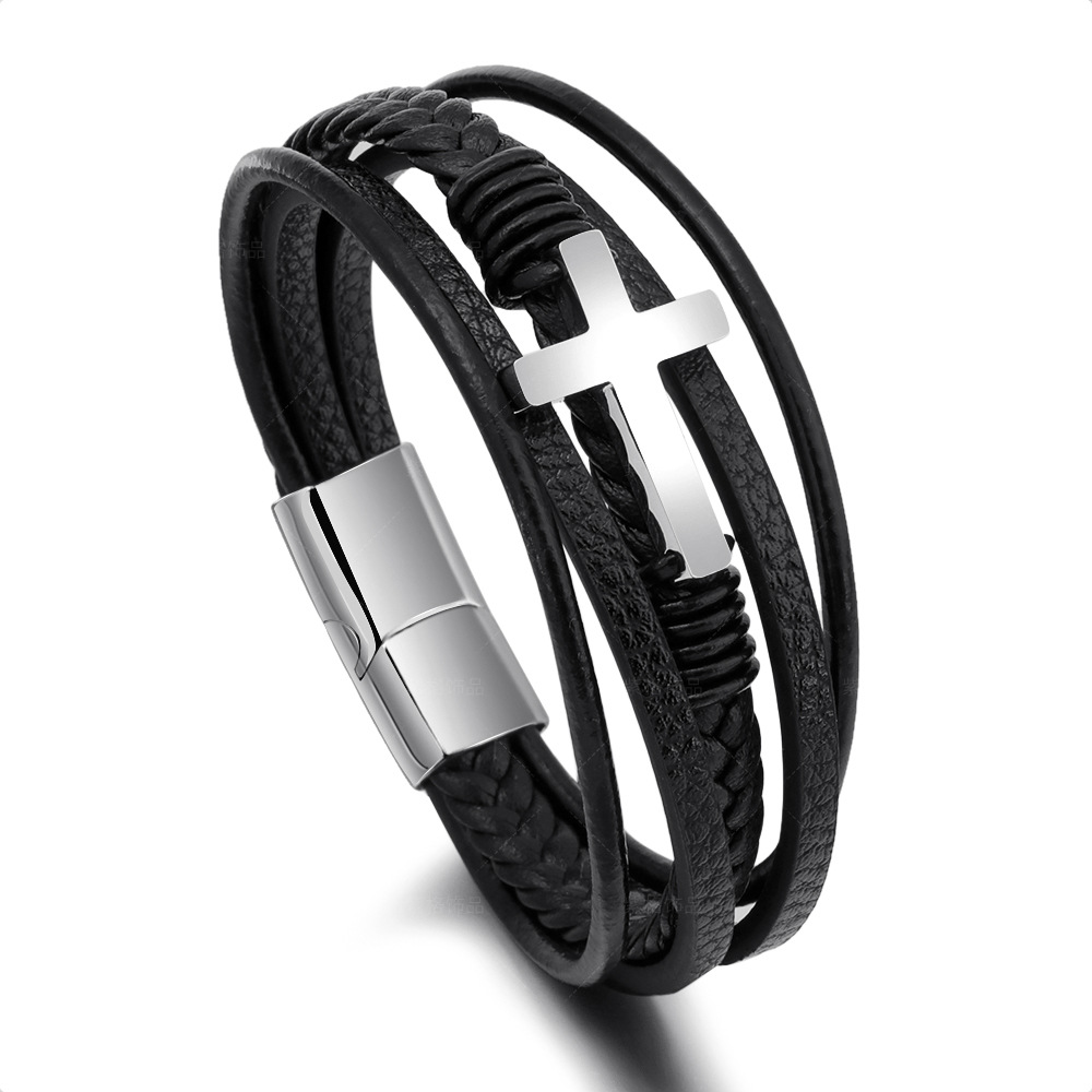 Cross-Border E-Commerce Woven Handmade Leather Magnetic Snap Cross Stainless Steel Bracelet Men's Titanium Steel Ornament New