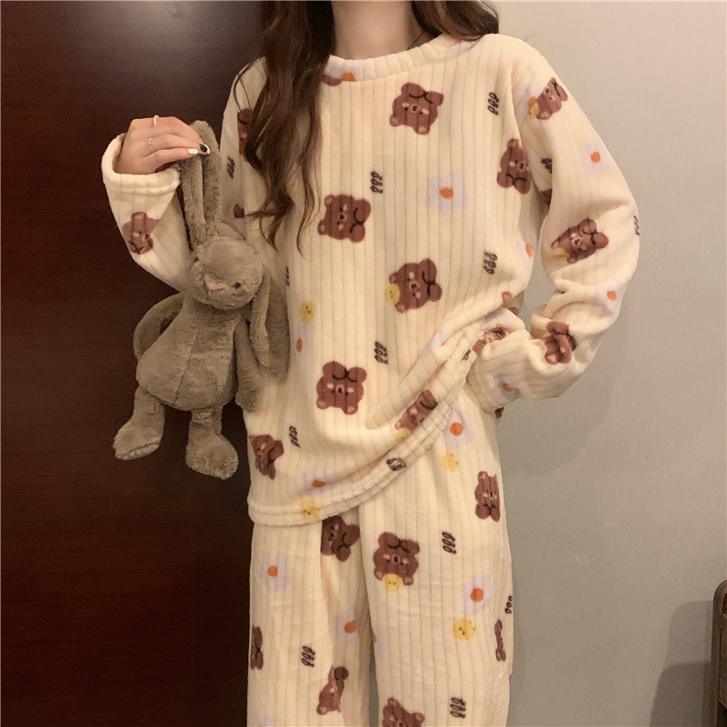 2023 Autumn and Winter Coral Velvet Pajamas Women's Cute Flannel Home Wear Fashion Loose Thick Cardigan Two-Piece Suit