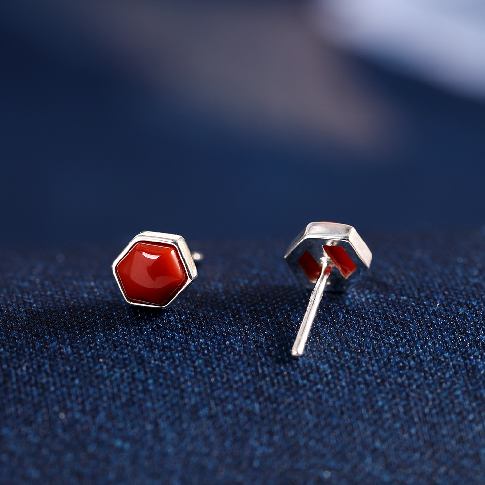 人品银品 s925银简约民族风小清新六边形南红玛瑙女式小耳钉-阿里巴巴