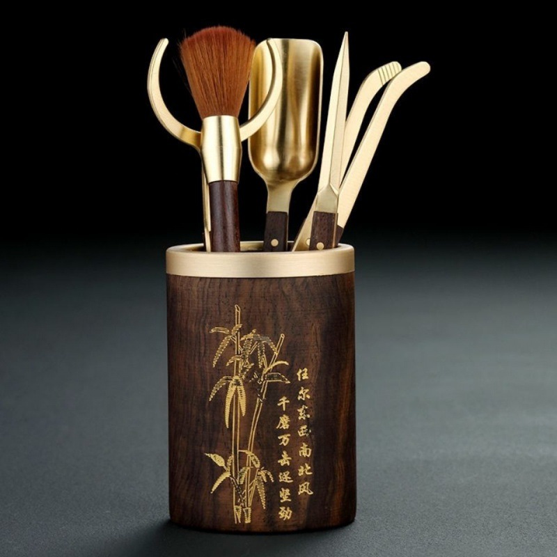 黄铜茶道六君子套装黑檀功夫茶具配件茶筒茶夹子普洱茶刀泡茶工具