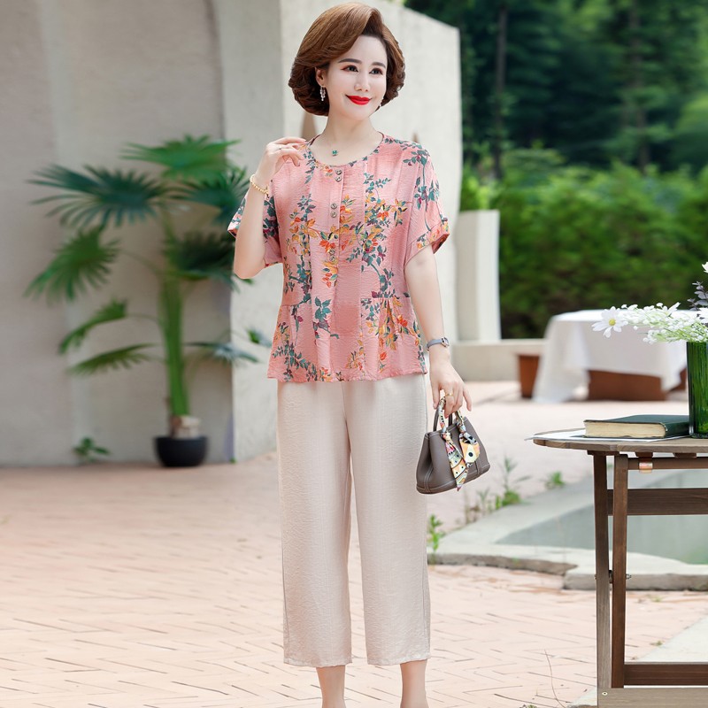 New Middle-Aged and Elderly Women's Summer Short-Sleeved T-shirt Mother's Summer Suit Middle-Aged Western Style Cotton and Linen Top Two-Piece Suit