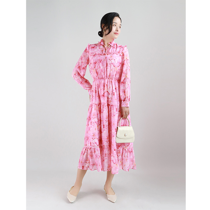 高端连衣裙2022春季度假风蛋糕裙粉色樱花压褶设计大摆长裙沙滩裙