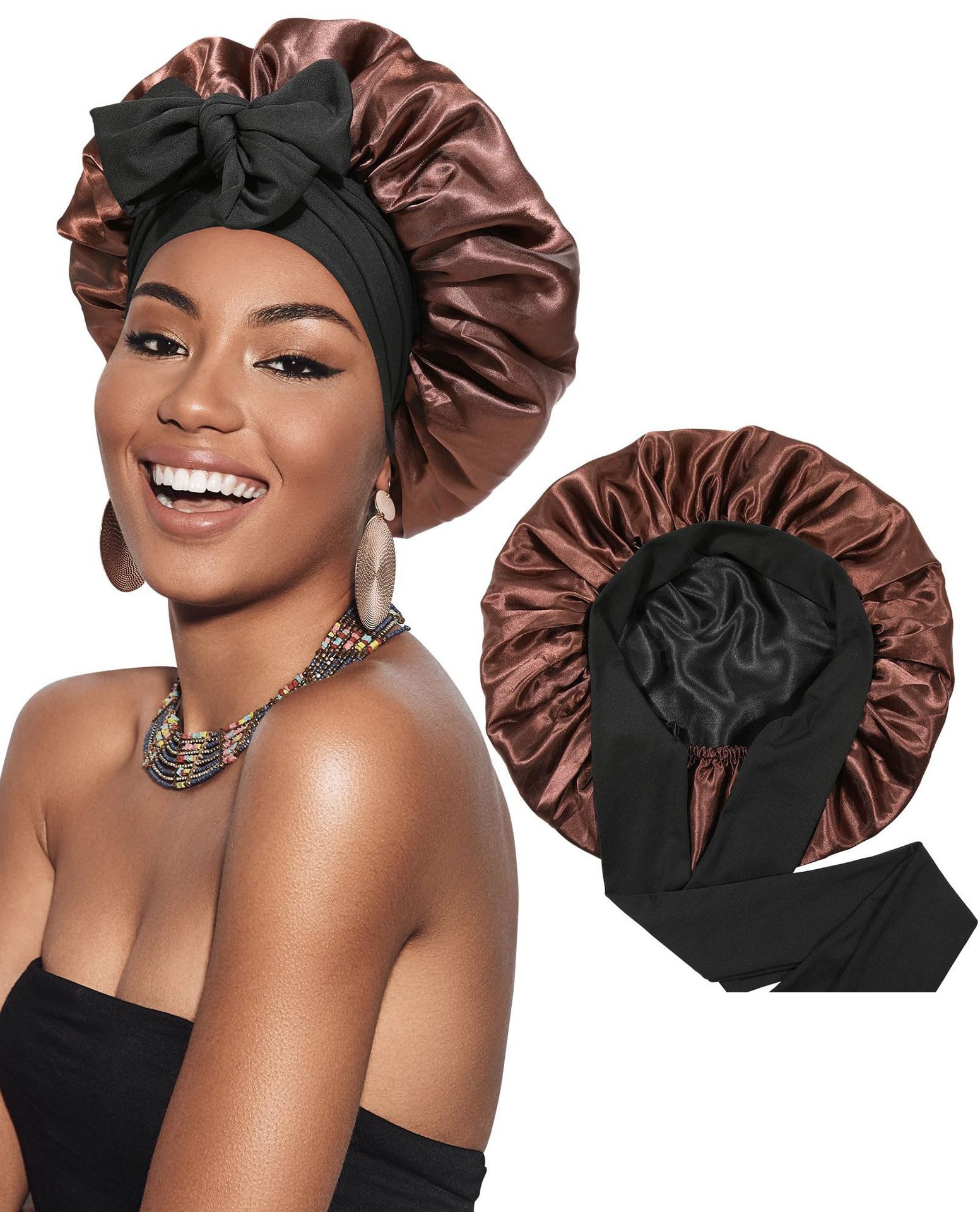 Double-Layer Satin Ribbon round Cap Bow Artificial Silk Beauty Hair Care Wide-Brimmed Hat Female Headscarf Nightcap