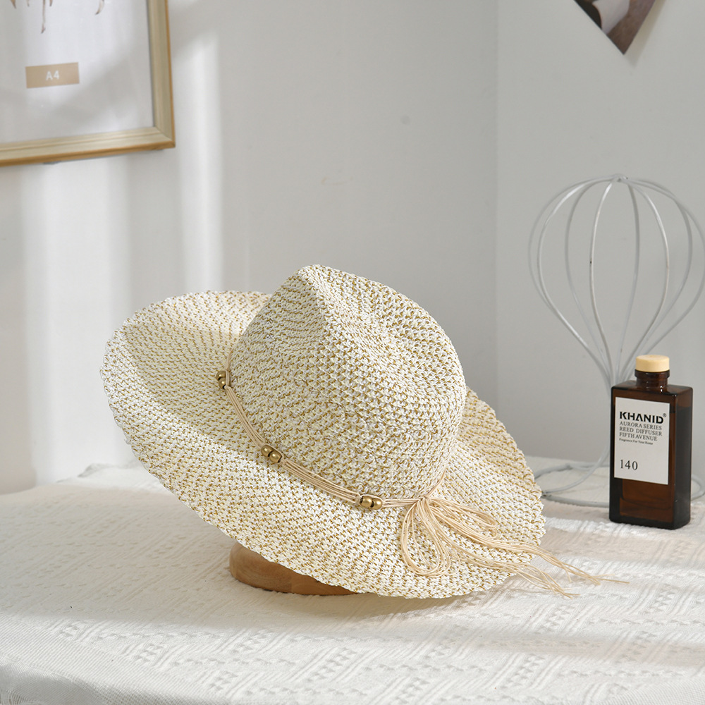 Handmade Crochet Straw Hat Women's Foldable All-Match Bow Holiday Vacation Sun Hat Beach Wide Brim Hat Korean Summer