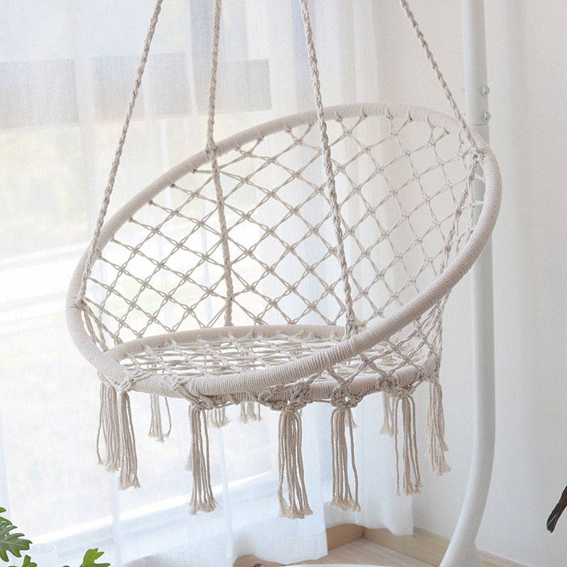 亚马逊跨境手工编织圆吊篮ins网格流苏棉绳吊椅室内摇篮吊床秋千