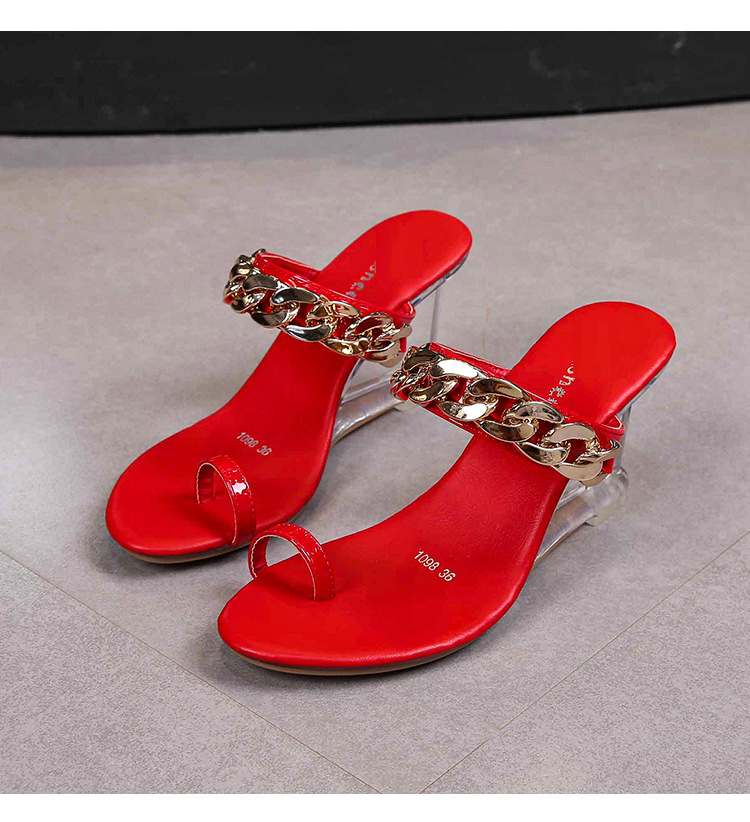 1098-28坡跟鞋女夏新款韩版百搭夏季女鞋一字扣简约夹脚拖鞋透明