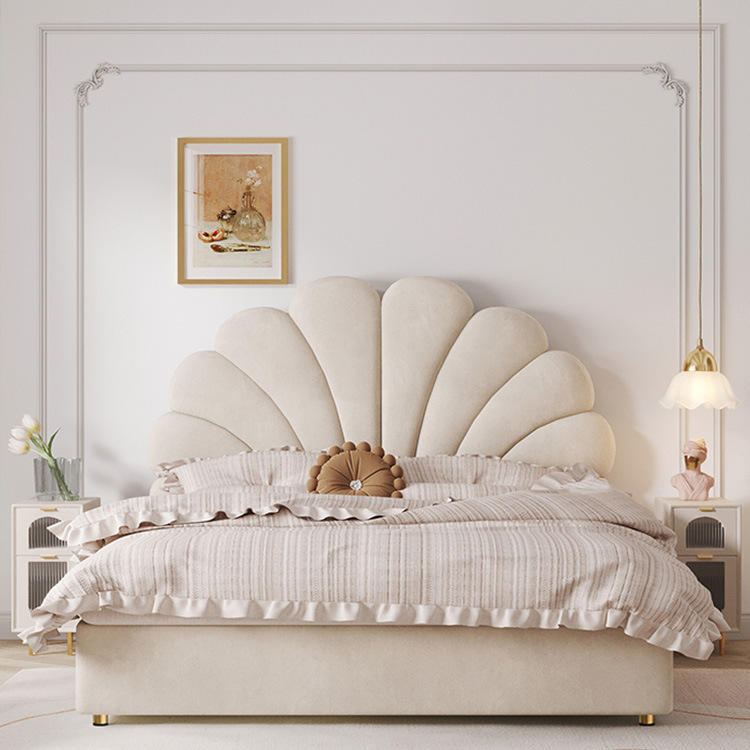 法式轻奢小户型次卧软包床网红同款奶油风皮艺花瓣床高箱储物床