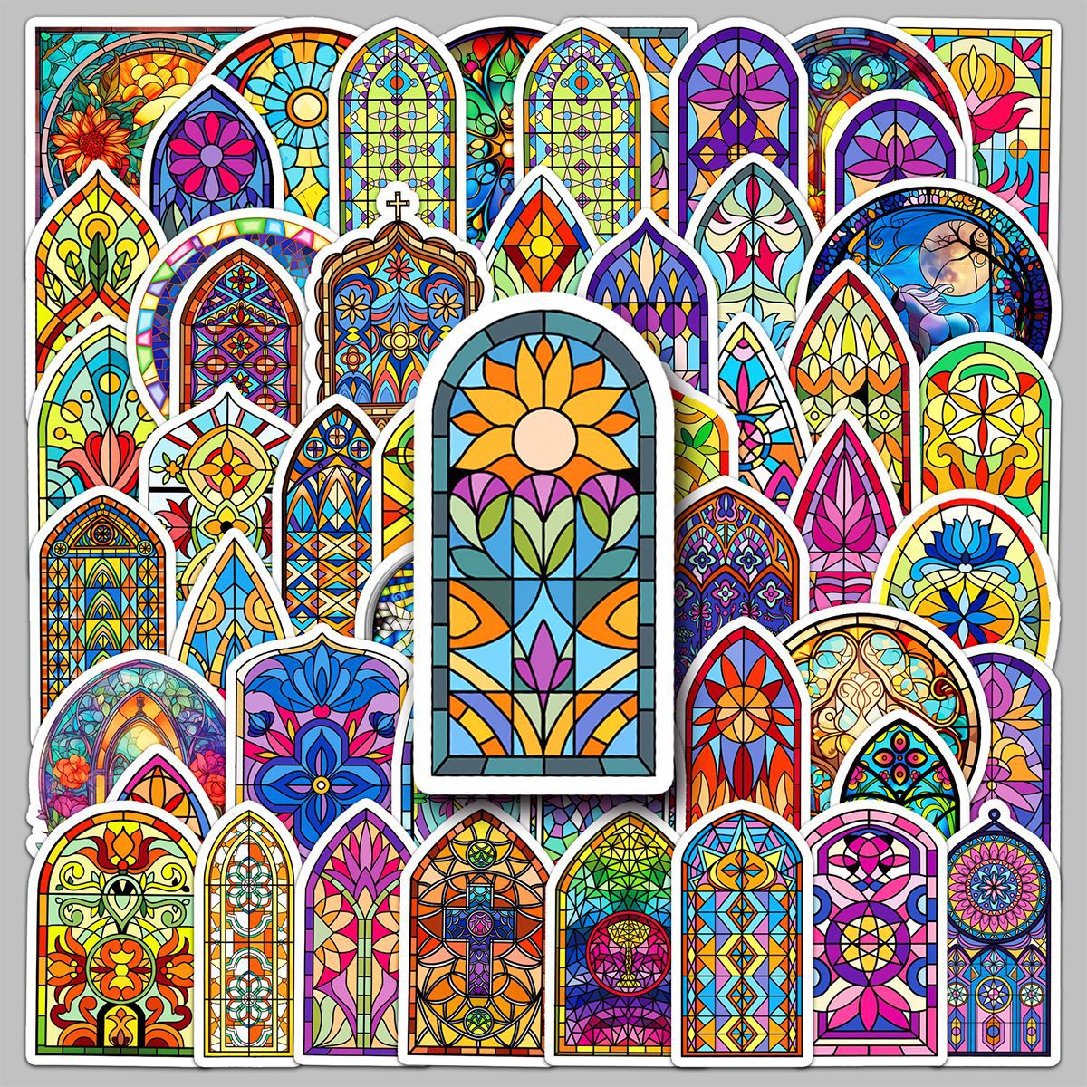 50张欧式复古教堂彩色玻璃涂鸦贴画笔记本行李箱手机装饰防水贴纸