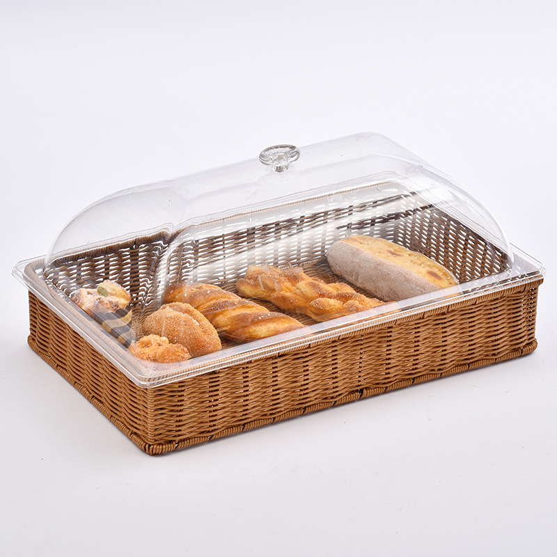 Wholesale Bread Basket Cake Tray Fruit Plate with Lid Rattan Woven Sampling Plate Dim Sum Plate Pastry Dessert Transparent Cover