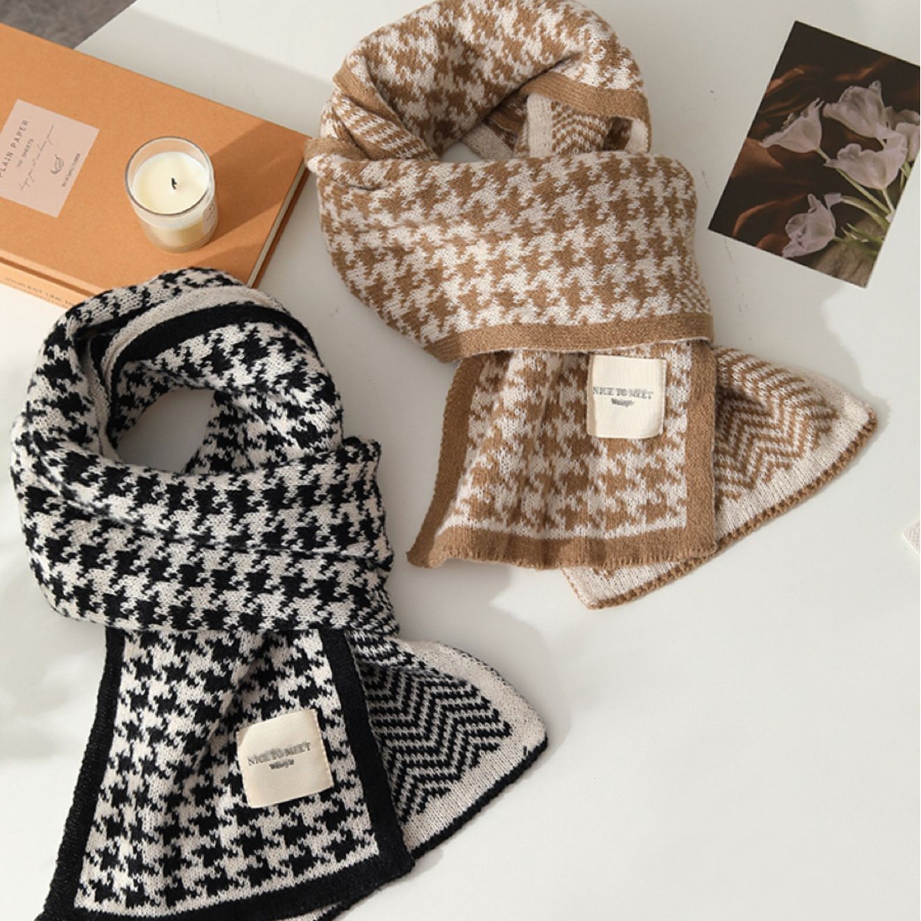 autumn and winter knitted warm houndstooth scarf women‘s high-grade versatile couple student thickened double-sided neck protection scarf