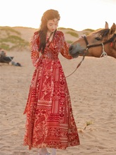 沙滩度假民族风一片式包裹开叉收腰红色连衣裙异域风情穿搭款春款