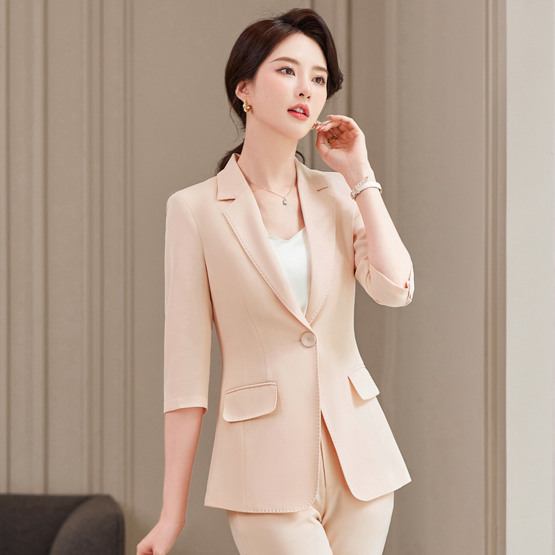 2023春夏新款职业装女士中袖西装套装修身气质白领教师美容师工服