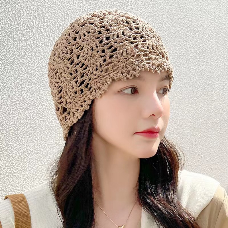薄款镂空手工女钩花帽子编织毛线帽包头针织帽透气包头帽四季花朵