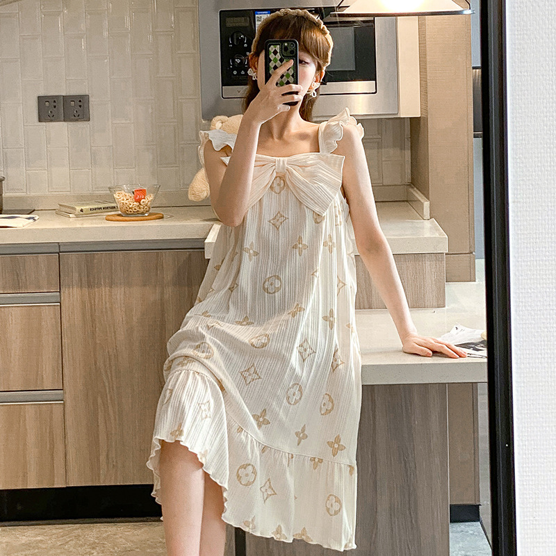抖音棉睡衣女士吊带裙可爱少女夏季甜美性感花边中长裙家居_33