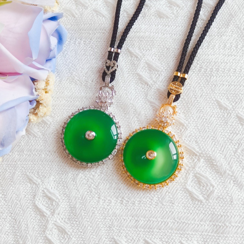 镶嵌绿玉髓平安扣吊坠项托电镀保色平安扣吊坠微镶锆石平安扣空托