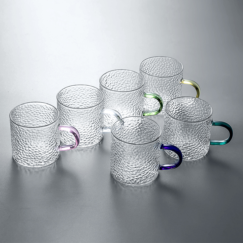 2xpj玻璃小茶杯品茗杯玻璃杯带把手米粒锤纹功夫茶具配件耐热喝水