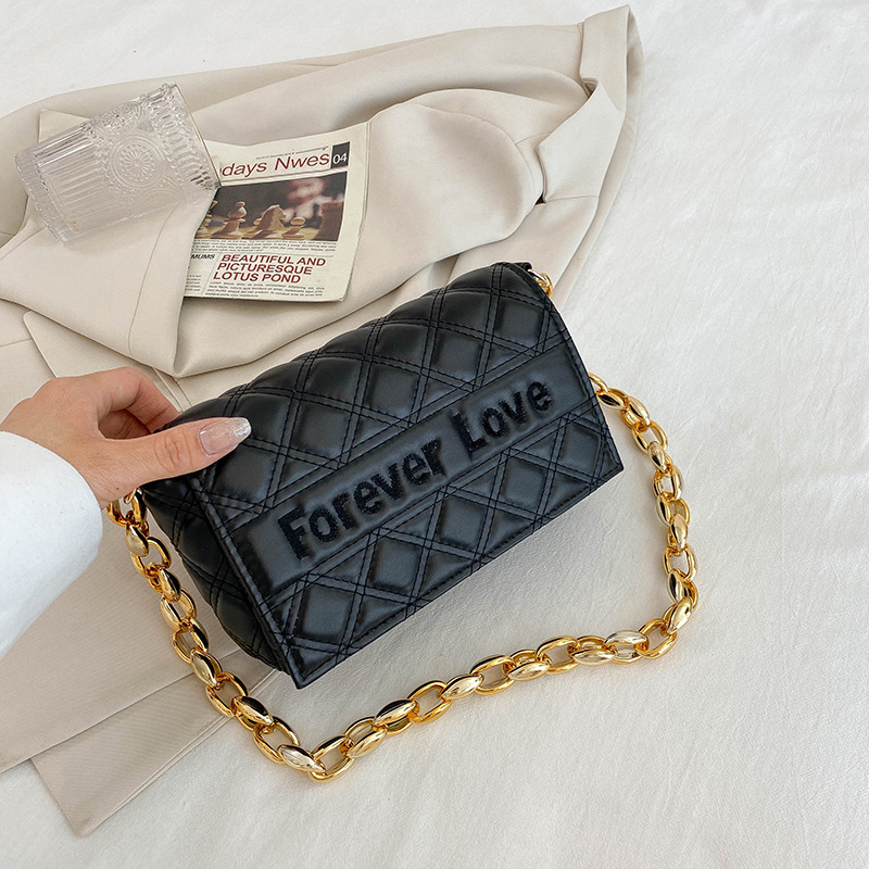 Diamond Pattern Chain Bag Women's Bag 2022 Summer New Solid Color Embroidery Line Small Square Bag Letters Graphic Underarm Shoulder Bag