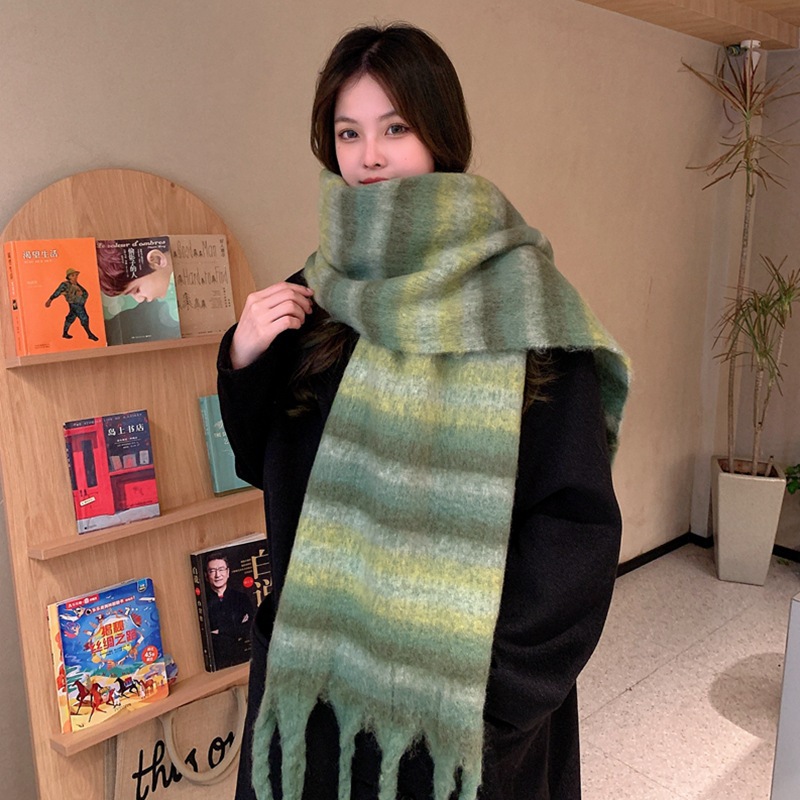 Korean Style Women's Autumn and Winter Retro Gradient Color Striped Artificial Cashmere Scarf Student Scarf Thickened Warm Mohair Cape
