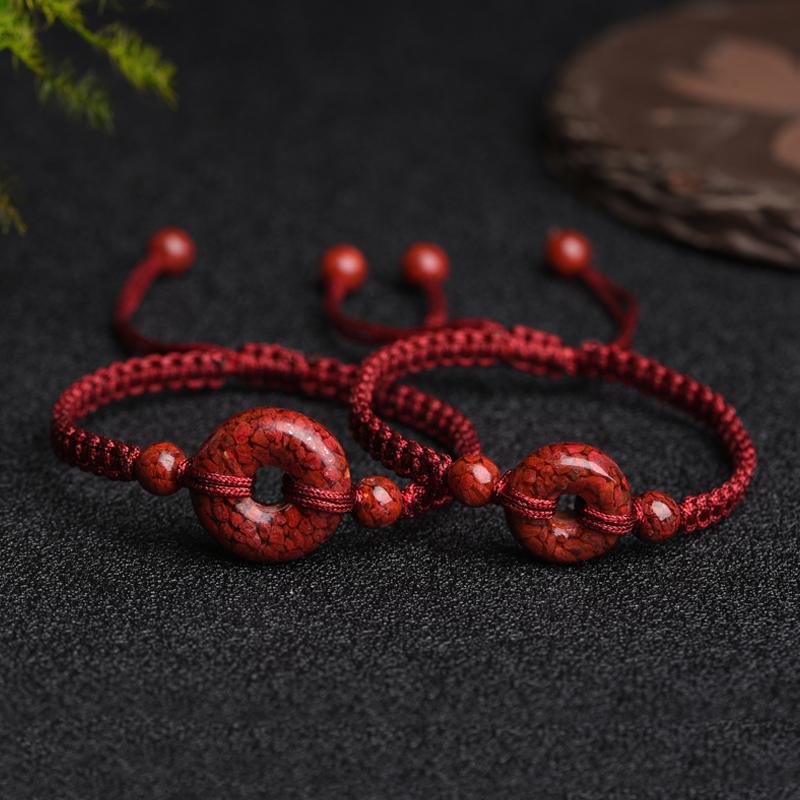 天然原矿晶体砂平安扣手串男士手编本命年朱砂红绳手链女手绳