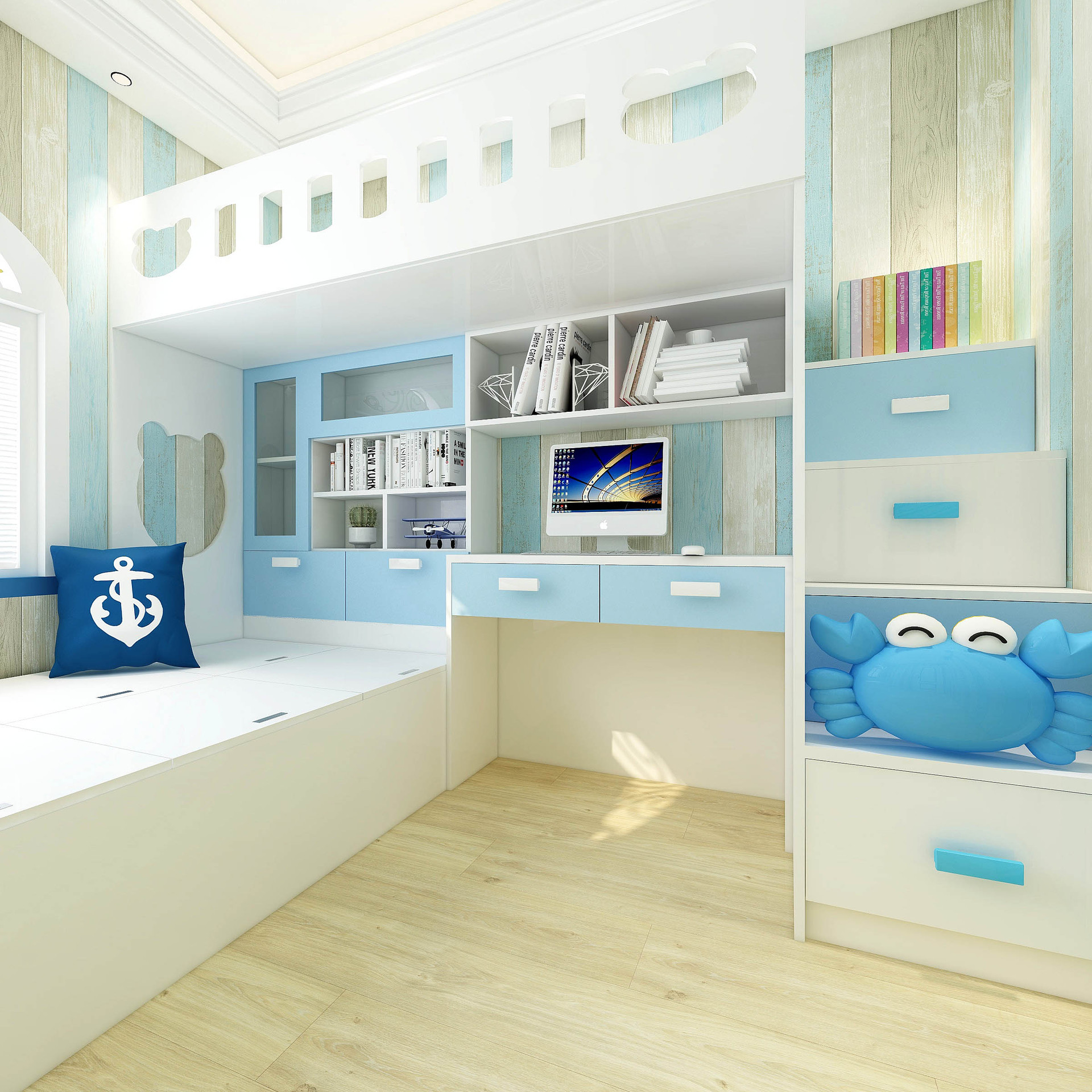 房间全屋整体阳台床榻榻米客厅塌塌米床儿童房装修效果图衣柜书柜床学