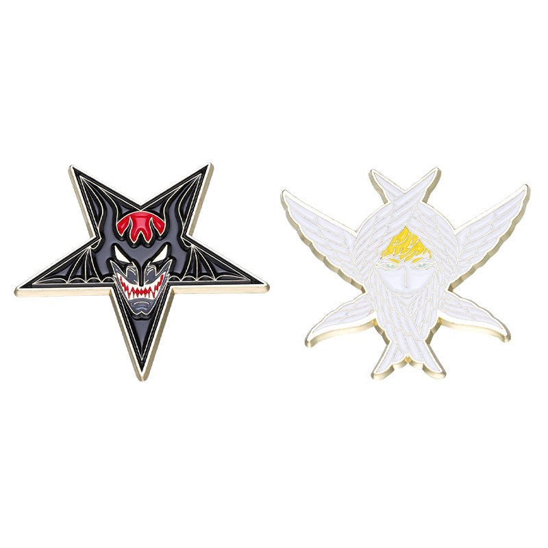 Angels & Demons Creative Couple Brooch Golden M Badge Exaggerated Weird Five-Pointed Star Wings Golden M Badge Name Tag