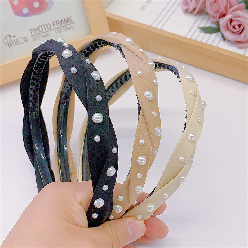 Fashion Simple Milk Coffee Color Series Dough-Twist Style Plaits Headband Inlaid Large and Small Pearls Cloth Headband out Commuter's All-Matching Women