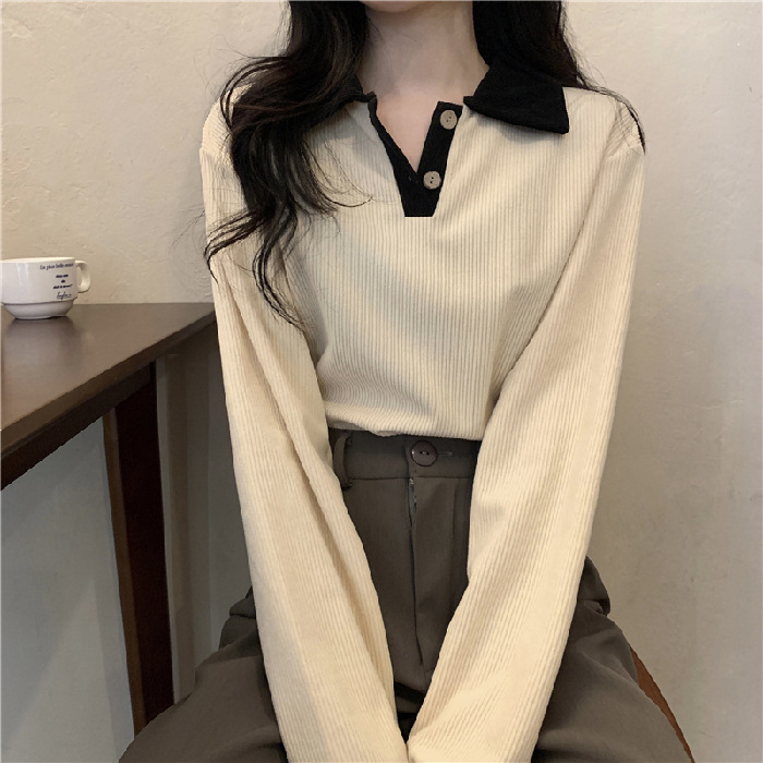 Amazon Cross-Border Niche Design Spring and Autumn Women's Clothing Hong Kong Style Retro Fashion Polo Lapel Contrast Color Long Sleeves Top