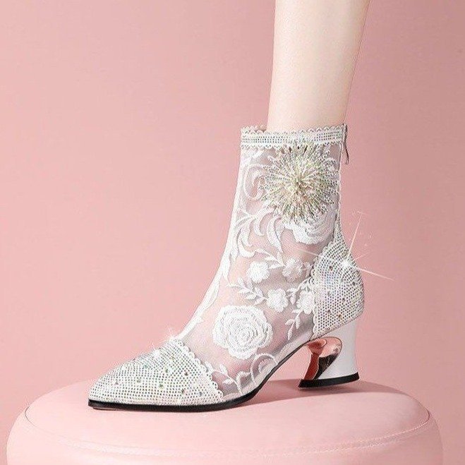 2024新款鱼嘴鞋鞋罗马中跟大码凉鞋透气网纱鞋女士蕾丝休闲高跟鞋