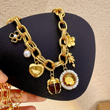 宫廷风中古水晶七星瓢虫爱心花朵多元素项链复古金属风时髦锁骨链