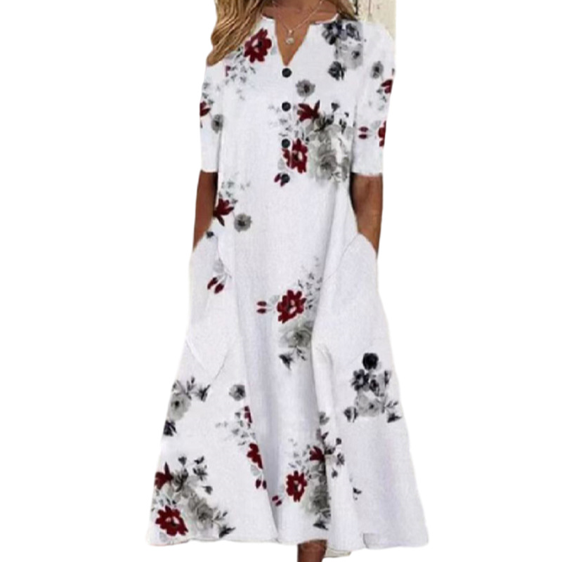 2022 Spring and Summer Amazon Europe and America Cross Border New Women's Printed Pocket V-neck Loose Casual Long Dress Women