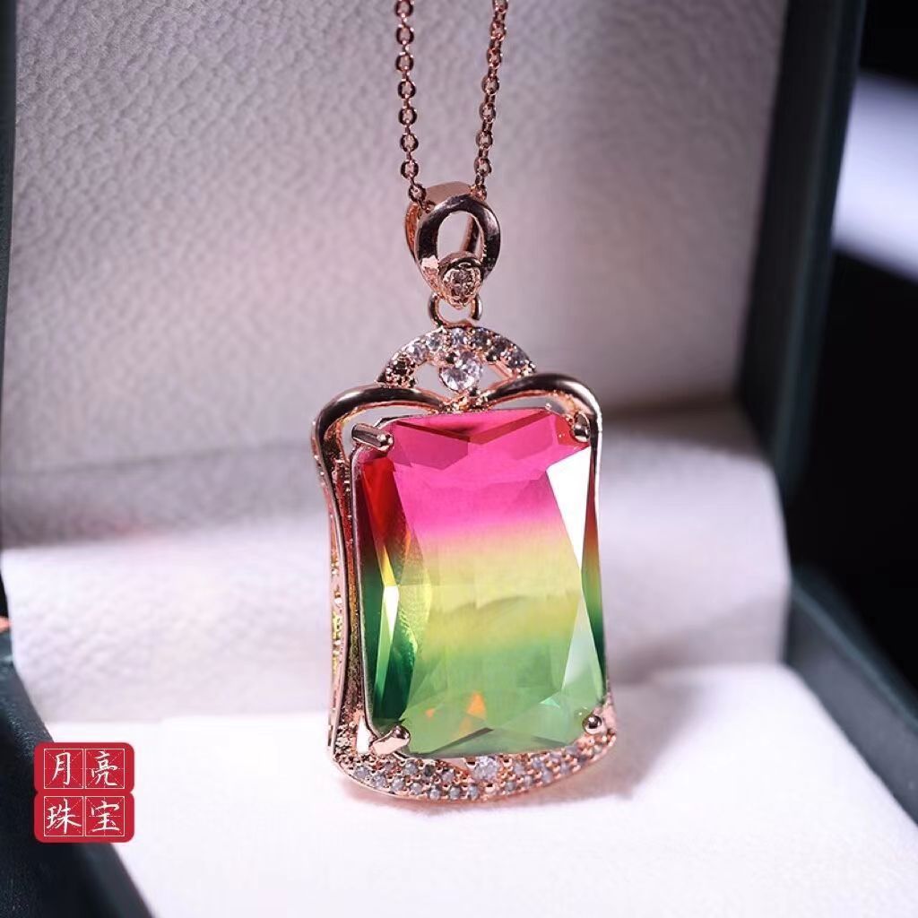 巴西彩虹西瓜碧玺吊坠女单坠闺蜜礼物气质上档次-阿里巴巴
