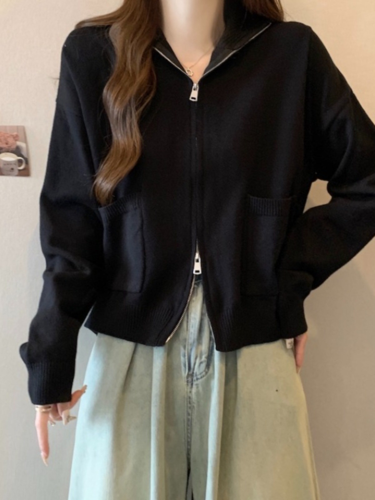 双头拉链翻领口袋毛衣开衫女春季大码胖妹妹休闲宽松遮肚针织外套