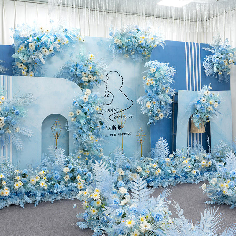 婚礼现场布置装饰花婚庆地排花路引酒店t台花艺农村户外蓝色花材
