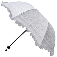 太阳伞防紫外线纯白色蕾丝花边黑胶零透光三折叠晴雨伞女洋伞