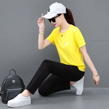 圆领韩版休闲运动服套装女士夏季2021年新款时尚棉质跑步两件套潮
