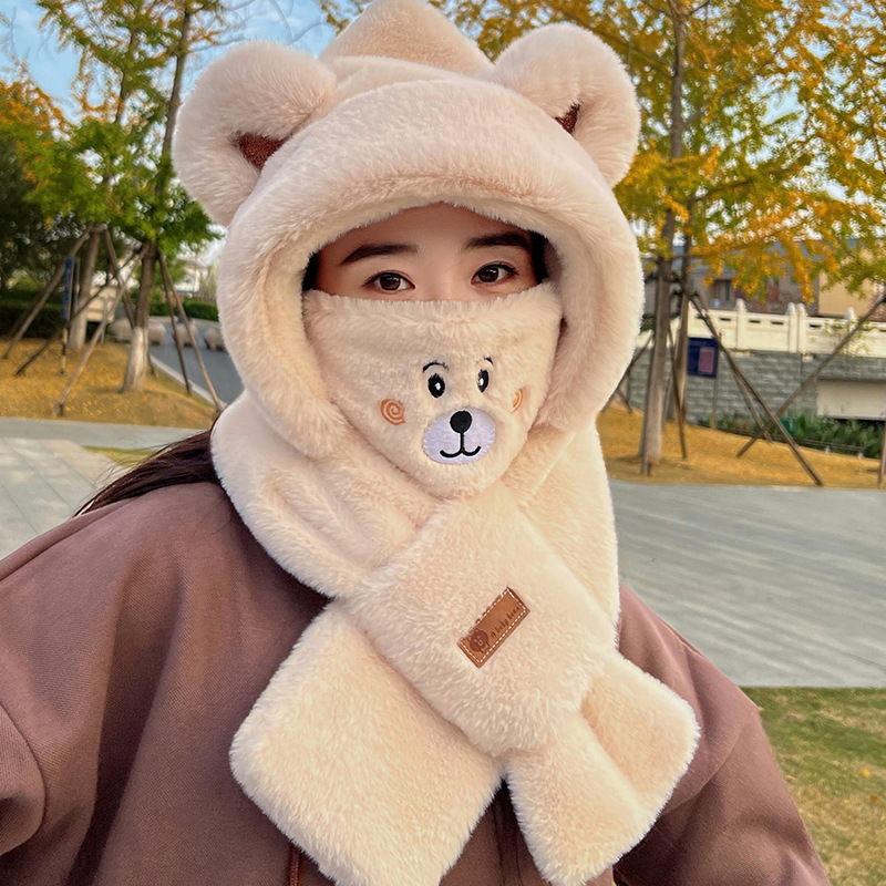 Bear Hat Scarf Integrated Female Autumn and Winter All-Matching 2023 Cycling Cute Warm Hooded Plush Scarf Hat