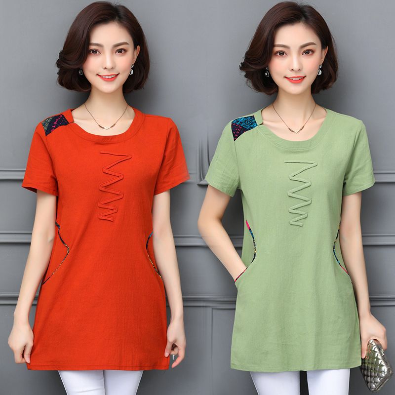 大码女装夏装新款修身显瘦遮肚子上衣胖人洋气中长款短袖棉麻t恤