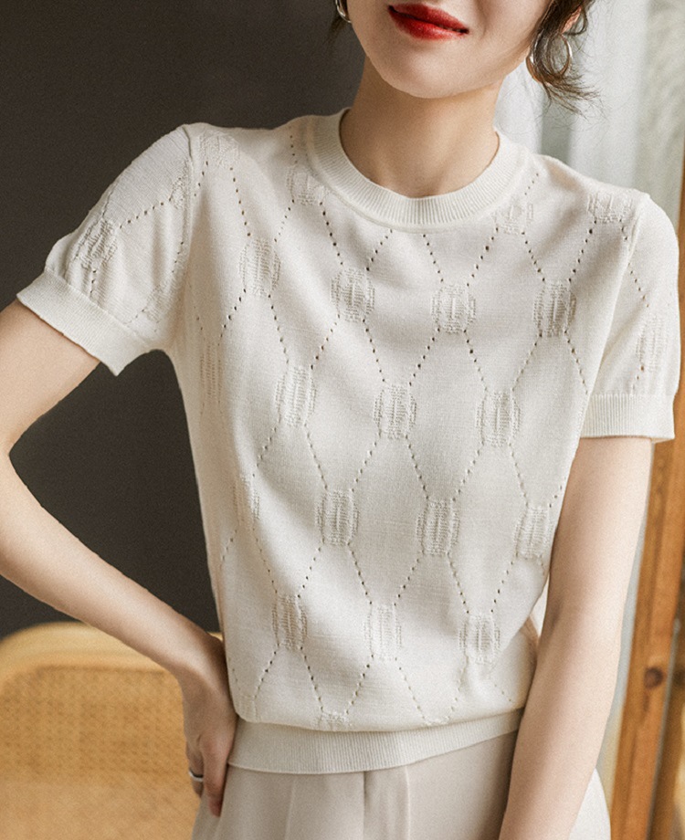 高级感镂空针织衫白色短袖t恤女夏装新款韩版透气小众设计感上衣