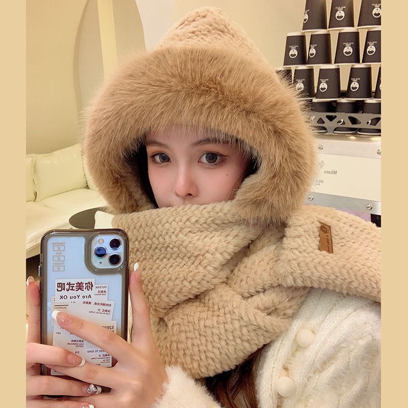 Plush Hat Scarf Gloves Three-in-One Women's Autumn and Winter Riding Warm Earmuffs Thickened Warm Scarf Cute