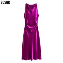 批发亚马逊女装秋冬款时尚性感紫色小礼服丝缎质感连衣裙F69962