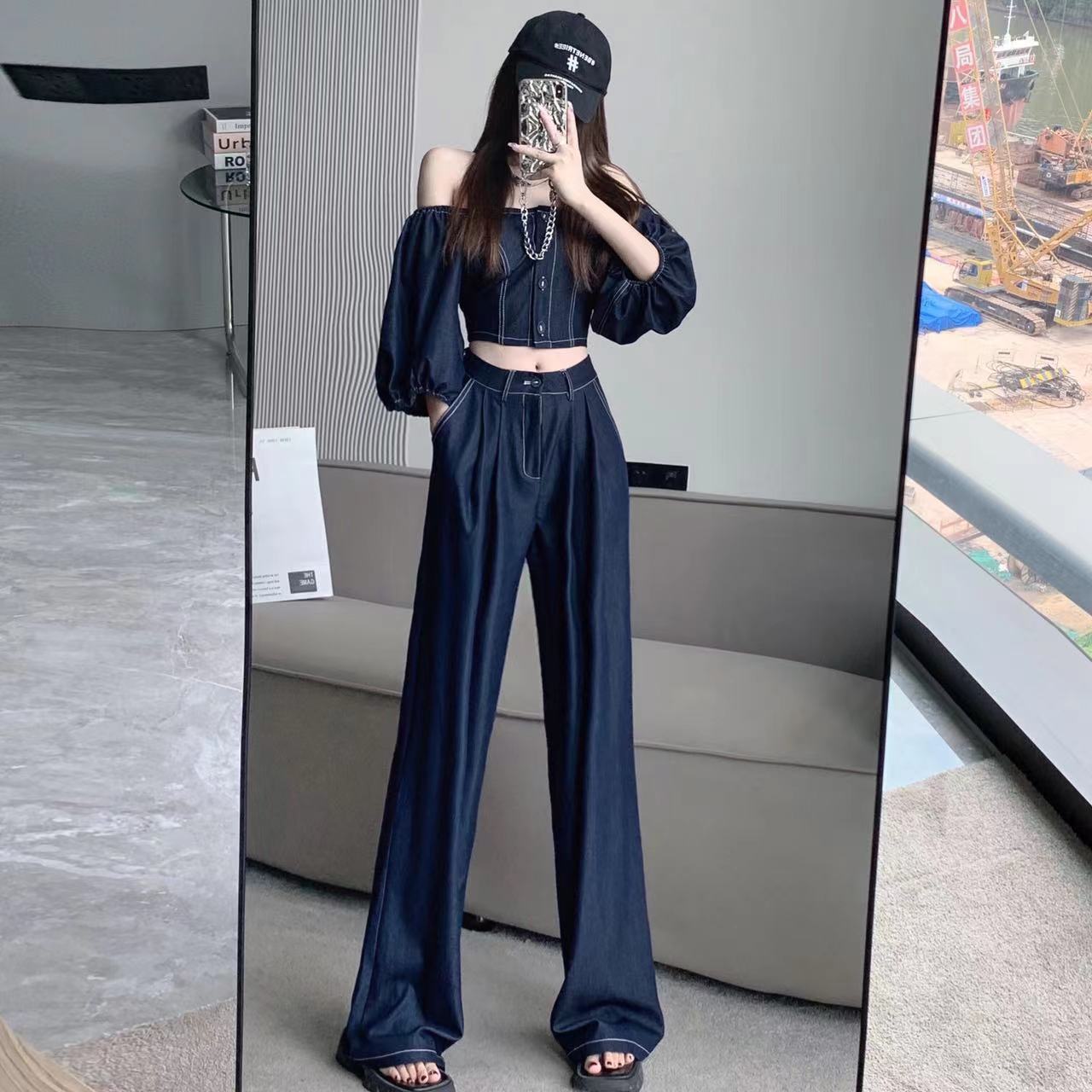 复古天丝牛仔套装女夏季一字肩灯笼袖上衣 高腰直筒阔腿裤子-阿里巴巴