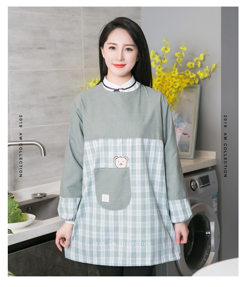 格子口袋熊长袖全棉厨房围裙大人可爱带袖罩衣女士防污工作服反穿