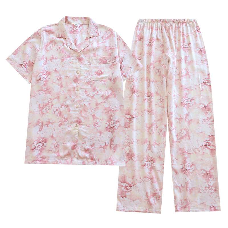 Spring and Summer New Satin Floral Printed Homewear Short-Sleeved Trousers Pajamas Suit Rayon Satin