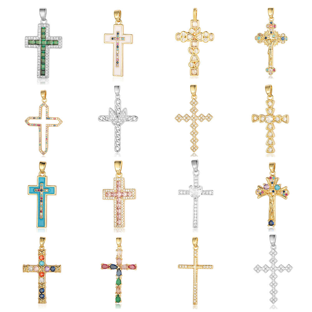 cross color zirconium copper micro inlaid zircon necklace pendant ins style copper cross clavicle pendant